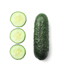 Flat lay composition with slices of cucumber on white background