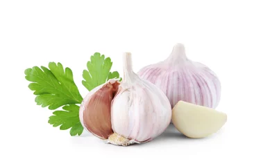 Keuken foto achterwand Aroma Fresh garlic and parsley on white background