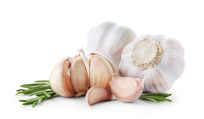 Ripe garlic on white background. Organic product