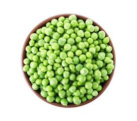 Bowl with green peas on white background, top view