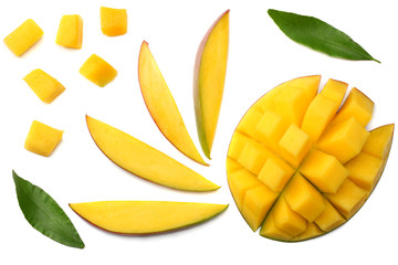 mango slice with green leaves isolated on white background. top view