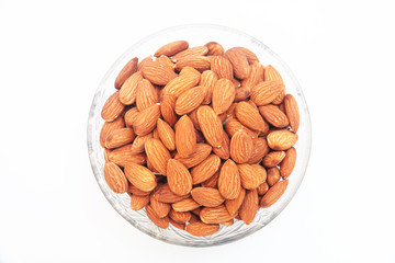 Dried almond nuts on white background 