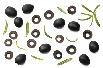 Marinated black olives with rosemary isolated on white background. top view