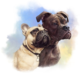 Cute French Bulldogs. Realistic drawing of two boxer dogs on watercolor background. Hand Painted Illustration of Pets. Watercolor Animal art collection: Dogs. Good for cover, print T-shirt, pillow.