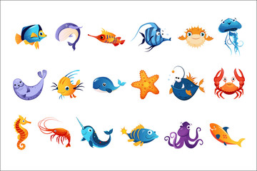 Fototapeta premium Zestaw kolorowych zwierząt morskich