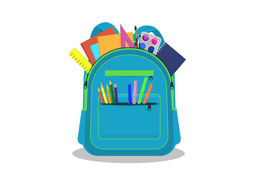 School backpack with stationery on white background. Vector illustration.