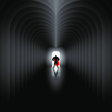 Superhero In The Red Cloak Stands At The End Dark Tunnel Or Corridor. Light From Open Door Behind Him. Vector Illustration