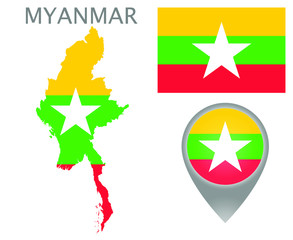 Colorful flag, map pointer and map of Myanmar in the colors of the Myanmar flag. High detail. Vector illustration