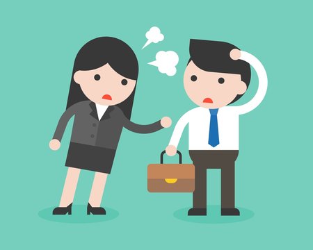 Business woman scolding on naive and dumb businessman with angry, flat design vector conflict at workplace concept