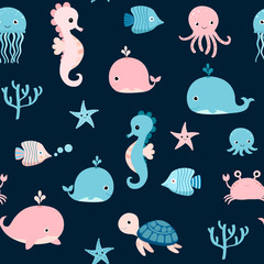Cute vector seamless pattern with pink and blue sea animals for summer kids designs and backgrounds