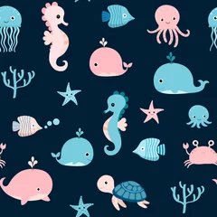 Wall murals Sea animals Cute vector seamless pattern with pink and blue sea animals for summer kids designs and backgrounds