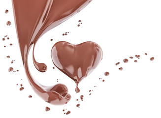 Splash chocolate abstract background, chocolate heart 3d rendering