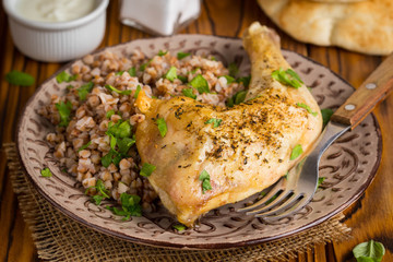 Chicken ham with buckwheat, delicious dinner, Russian cuisine