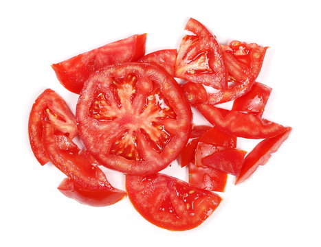 Fresh red tomato slices isolated on white background, top view