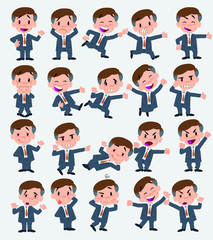 Cartoon character businessman. Set with different postures, attitudes and poses, doing different activities in isolated vector illustrations.