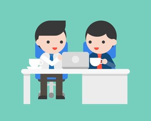 Two businessman sit in office desk and discuss business, meeting concept flat design