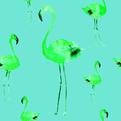 Hand Drawn Illustration With Flamingo. Exotic Summer Beach Motif. Swimwear Design, Wrapping, Background, Wallpaper, Fabric. Hawaiian Print. Jungle Birds Repeated Ornament. Aloha. Boho. Africa.