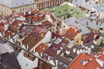 The top view of the roofs of the old European city from a bird's eye view