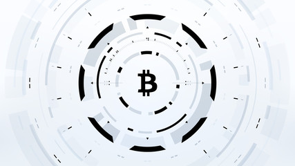 Bitcoin cryprocurrency futuristic black and white vector illustration for background, HUD, graphic user interface, banner, business and finance infographics. Worldwide digital money blockchain system