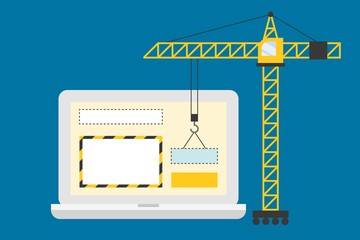 Crane working with website page in laptop screen, under construction concept flat design