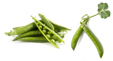Green peas isolated on a white background. Fresh green peas on a white background. Studio photo. Isolated macro food photo close up from above on white background.