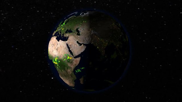 Seamless animation spinning around planet Earth with a timelapse of the rain on a graphic map. Day to night. Elements of this image furnished by NASA