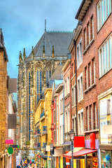 Fototapeta na wymiar Street in the old town of Aachen leading to the Cathedral. Germany