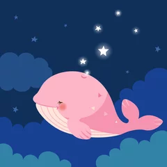 Foto auf Alu-Dibond Pink whale with stars on night sky background © soyon