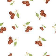 Watercolor hand drawn cherry seamless pattern. Painted isolated cherry set illustration on white background. Fresh cherries are drawn with watercolor.