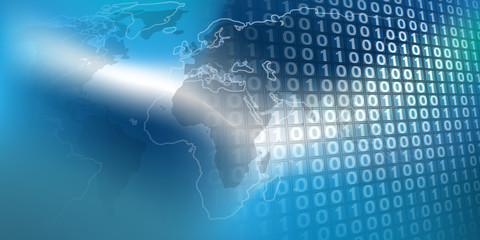 Cloud Computing, Digital Networks, Telecommunications Concept Design, Worldwide Connections with World Map and 3D Digital Binary Code Patterned Wall Background - Vector Illustration