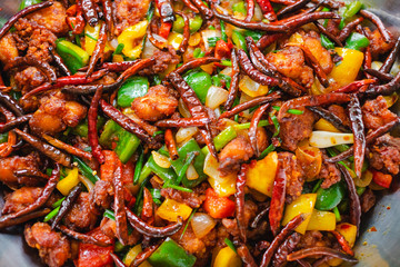 Stir fried chicken with chili paste sauce and mixed sweet pepper, vegetables and dried chilli on top. Special Thai food.