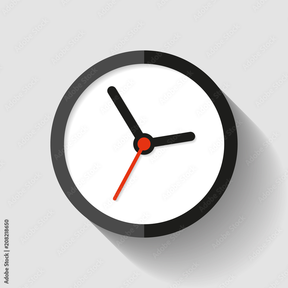 Poster clock icon in flat style, round timer on light background. simple business watch. vector design elem