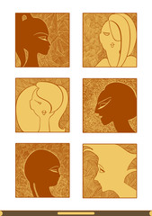 A set of avatars with faces of people. The heads of the characters in the profile and in the front with different 
hairstyles on the background of chaotic lines. Linear pattern with shading.