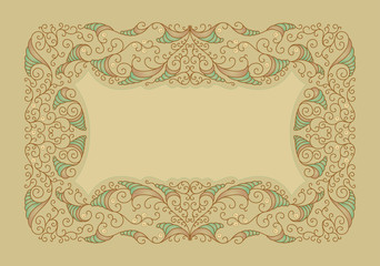 Rectangular vignette with an ornament of curls and twisted leaves on a brownish background.
Stylized plant with small flowers and thick stems.