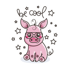 Cute cartoon baby pig in a cool sunglasses