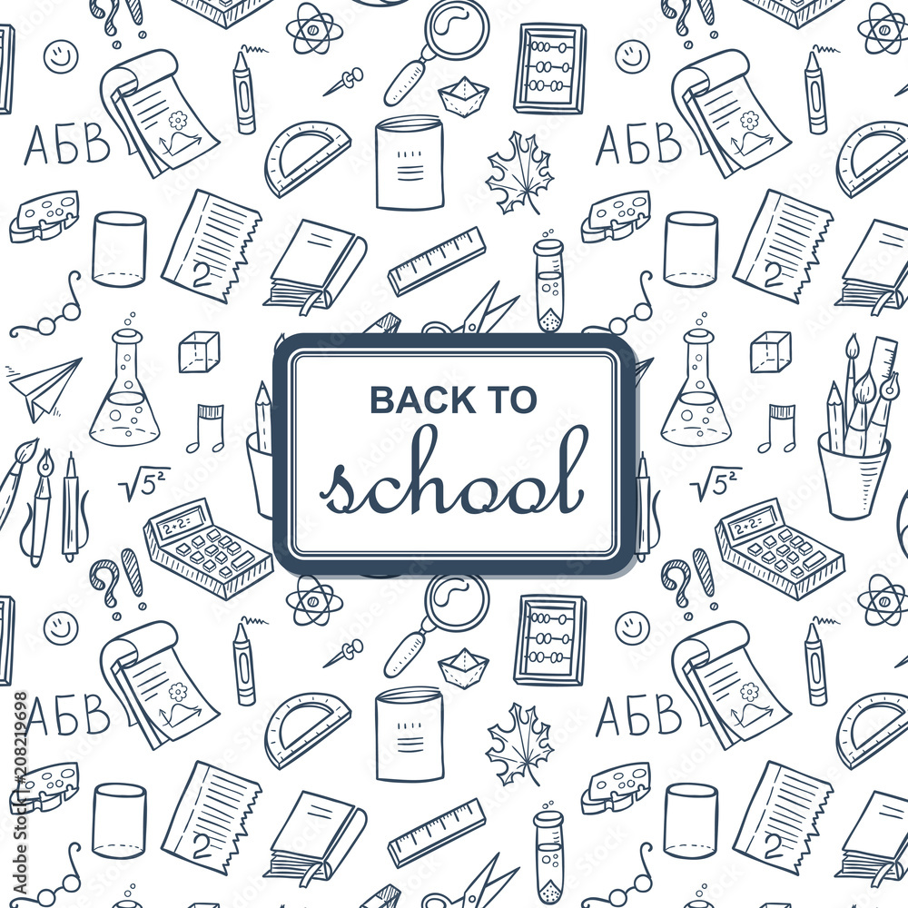 Fototapete back to school background with supplies. sketchy notebook doodles backdrop with text