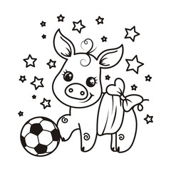 Cute cartoon pig with a soccer ball. Vector illustration.