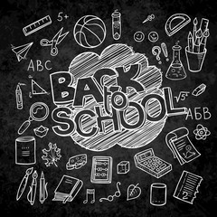 Back to School lined supplies collection. Sketchy notebook doodles set with lettering