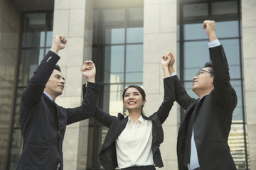 group of businesspeople hands up. concept teamwork celebration success for work.