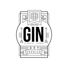 Gin vintage label design, dry strong drink, alcohol industry monochrome badge vector Illustration on a white background