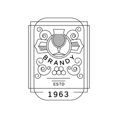 Brandy vintage label design, strong drink emblem estd 1963, alcohol industry monochrome badge vector Illustration on a white background