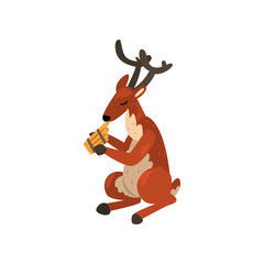 Deer playing harmonica, cartoon animal character with musical instrument vector Illustration on a white background