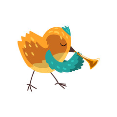 Cute bird playing pipe, cartoon animal character with musical instrument vector Illustration on a white background