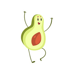 Funny avocado standinf with rising hands, emotional fruit cartoon character vector Illustration on a white background
