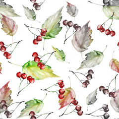 Watercolor vintage seamless autumn background. With paint divorces red, orange, green yellow. With autumn leaves, red berries. Beautiful, stylish background. Vintage background for fabric, paper.
