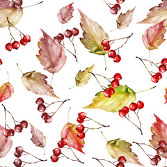 Watercolor vintage seamless autumn background. With paint divorces red, orange, green yellow. With autumn leaves, red berries. Beautiful, stylish background. Vintage background for fabric, paper.