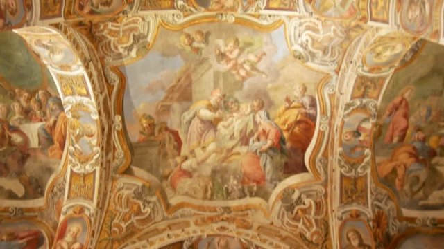 The vault decorated with beautiful Byzantine mosaics of the 12th century and the newer part is decorated with later frescoes the 18th century in the Martorana church.