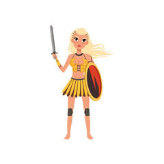 Beautiful blonde amazon girl character, ancient warrior with shield and sword vector Illustration on a white background
