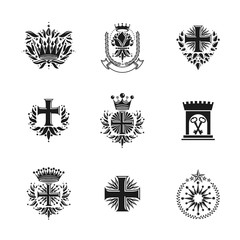 Fototapeta na wymiar Ancient Crosses Crown Stars and flowers emblems set. Heraldic Coat of Arms, vintage vector logos collection.