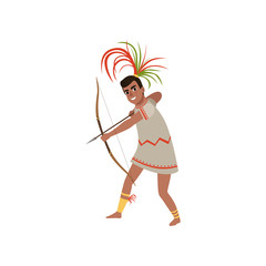 Aztec warrior man character in traditional clothes and headdress shooting with bow and arrow vector Illustration on a white background